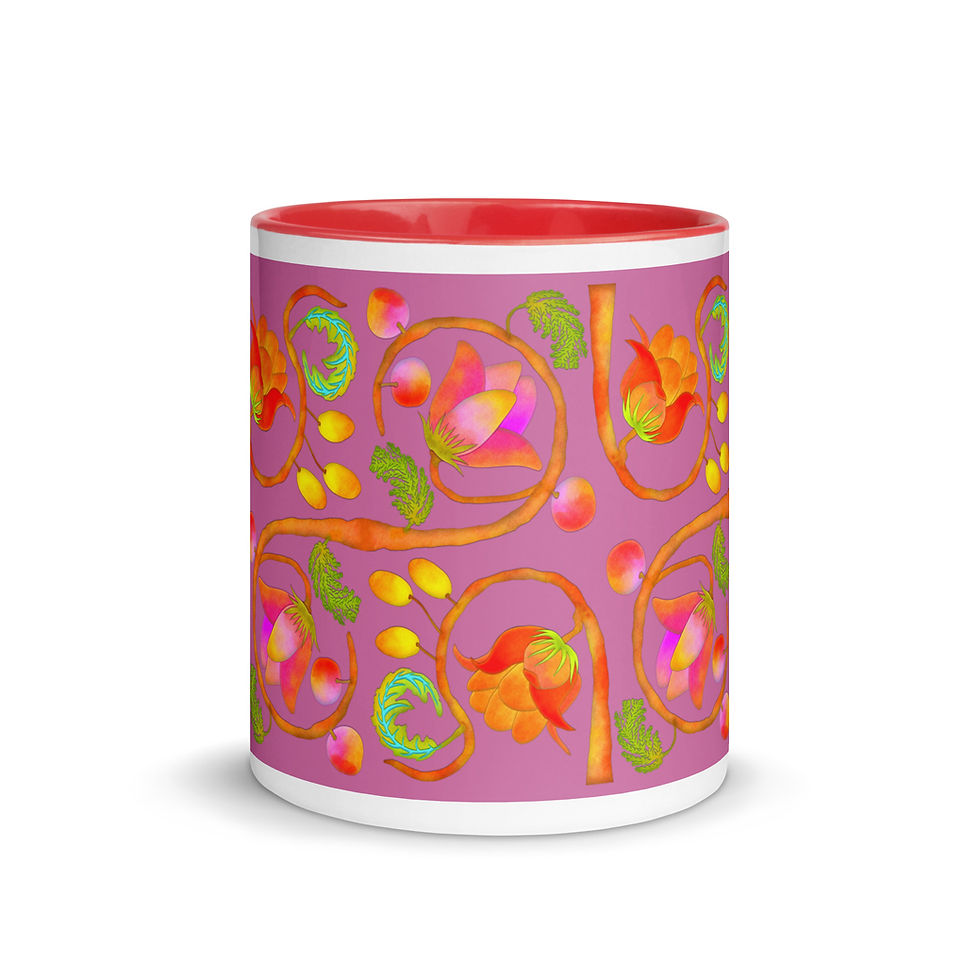 Thumbnail: Mug with Color Inside - Hand Painted Red Nature Motifs on Hopbush