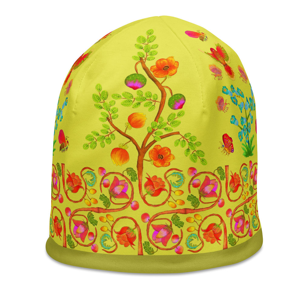 Thumbnail: All-Over Print Beanie - Hand Painted Nature Motifs on Paris Daisy 2