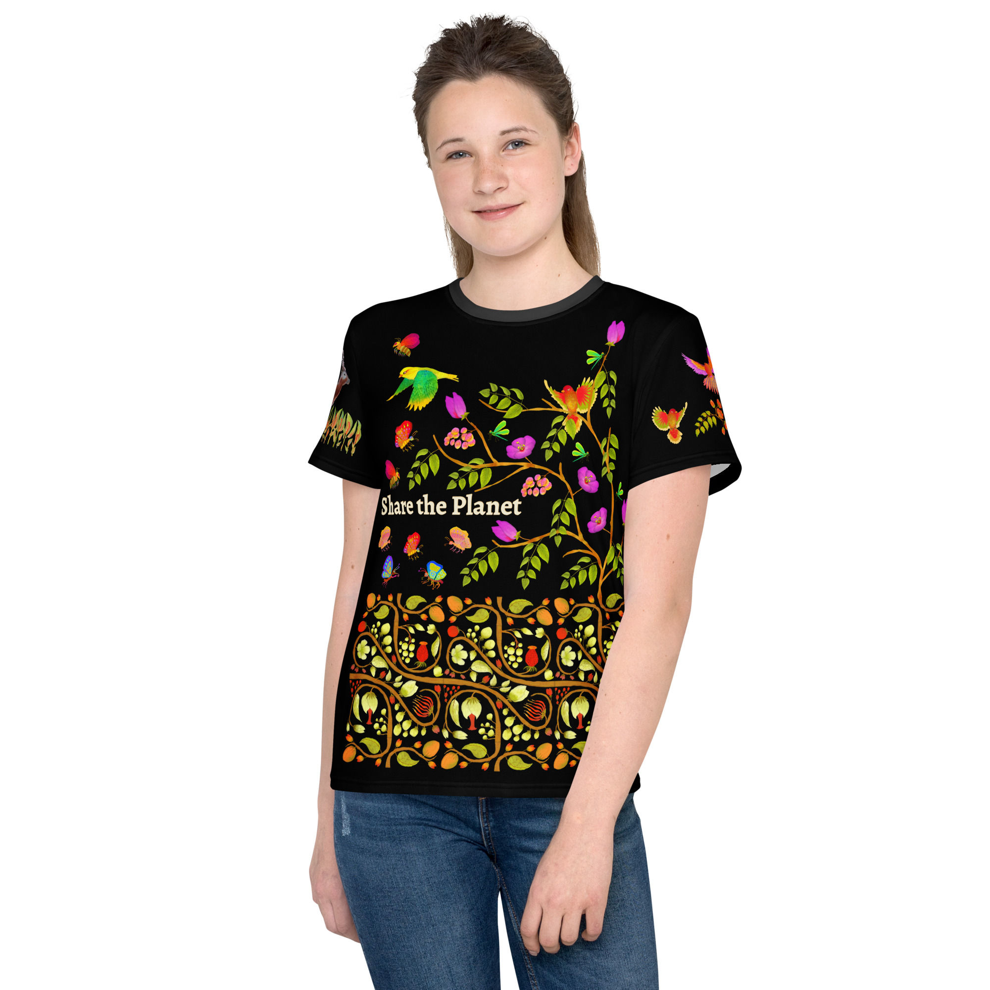 Youth crew neck t-shirt - Hand Painted Nature Motifs on Black