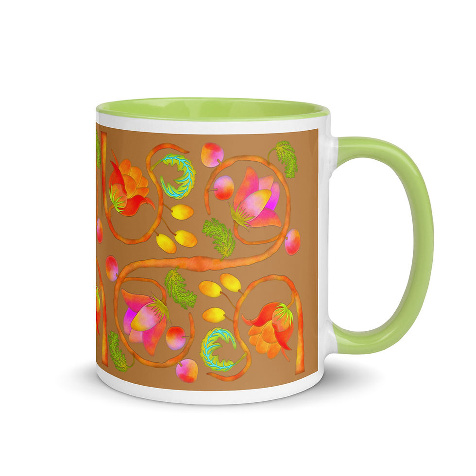 Thumbnail: Mug with Color Inside - Hand Painted Red Nature Motifs on Nude