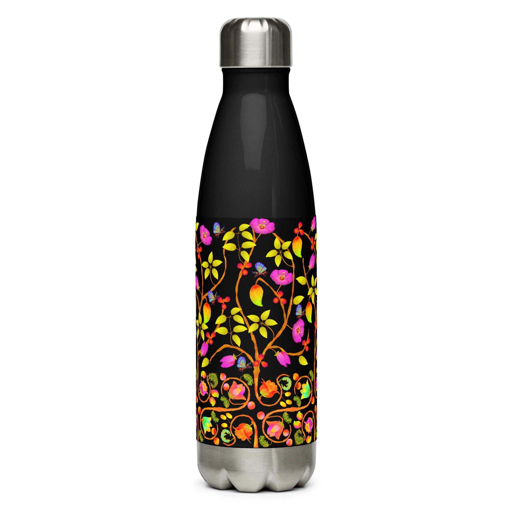 Stainless Steel Water Bottle -  - Hand Painted Red Nature Motifs on Black