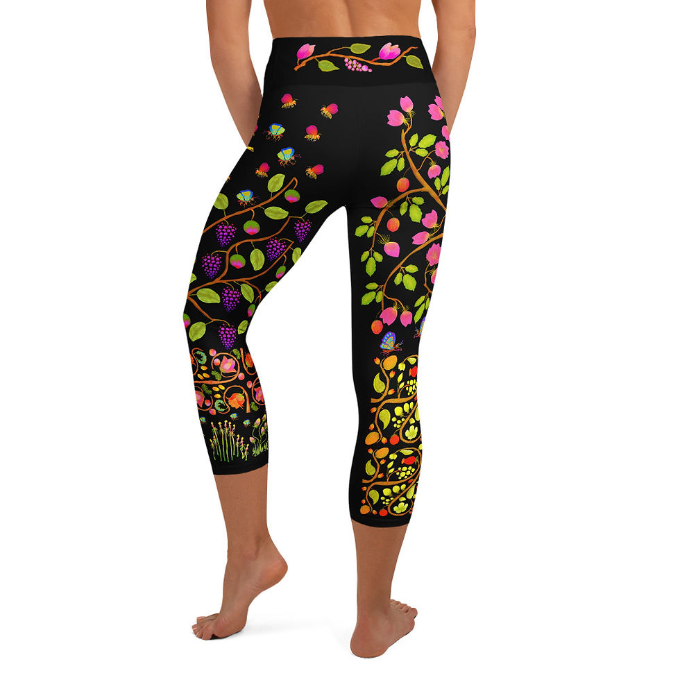 Thumbnail: Yoga Capri Leggings - Hand Painted Nature Motifs on Black