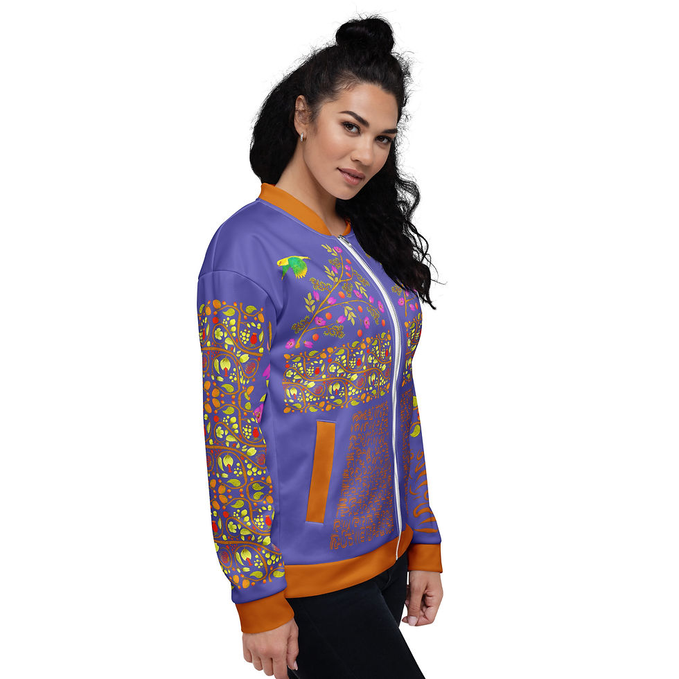 Thumbnail: Unisex Bomber Jacket - Hand Painted and Printed Nature Motifs on Slate Blue 2