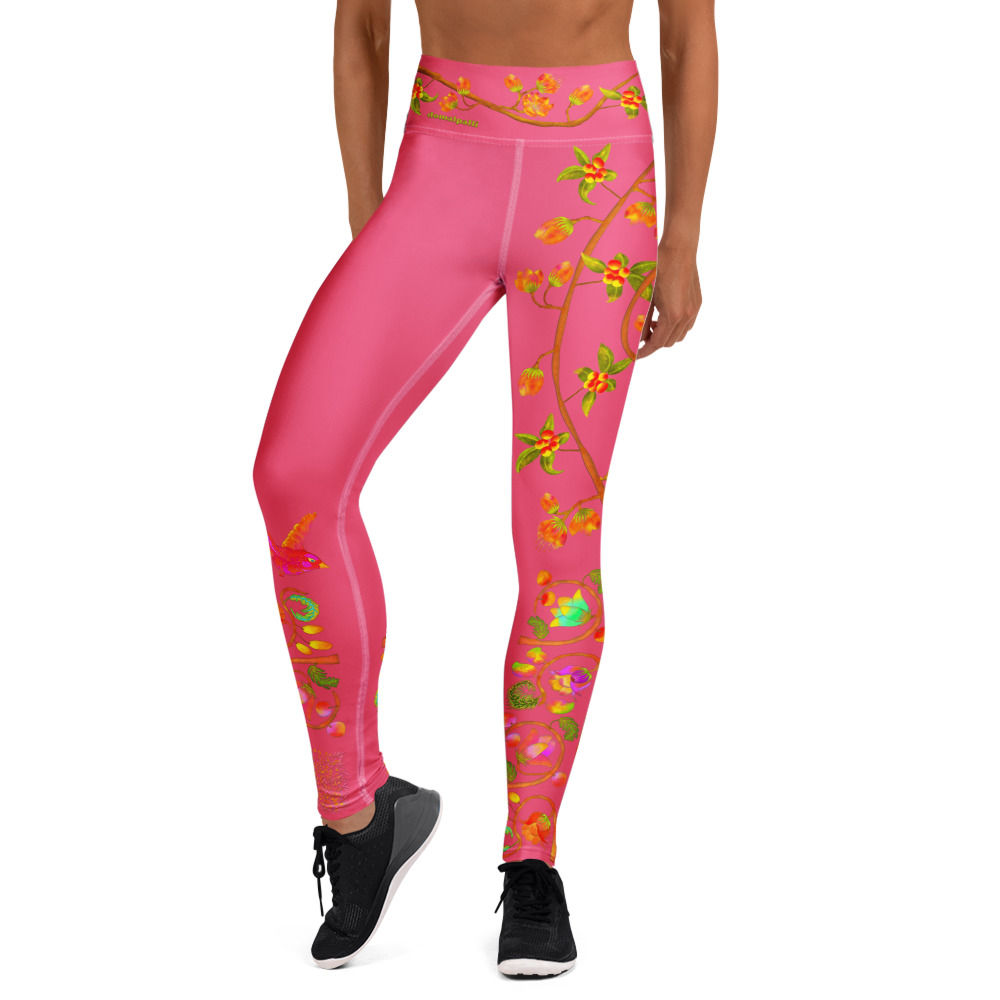 Yoga Leggings - Hand Painted Nature Motifs on Bright Pink