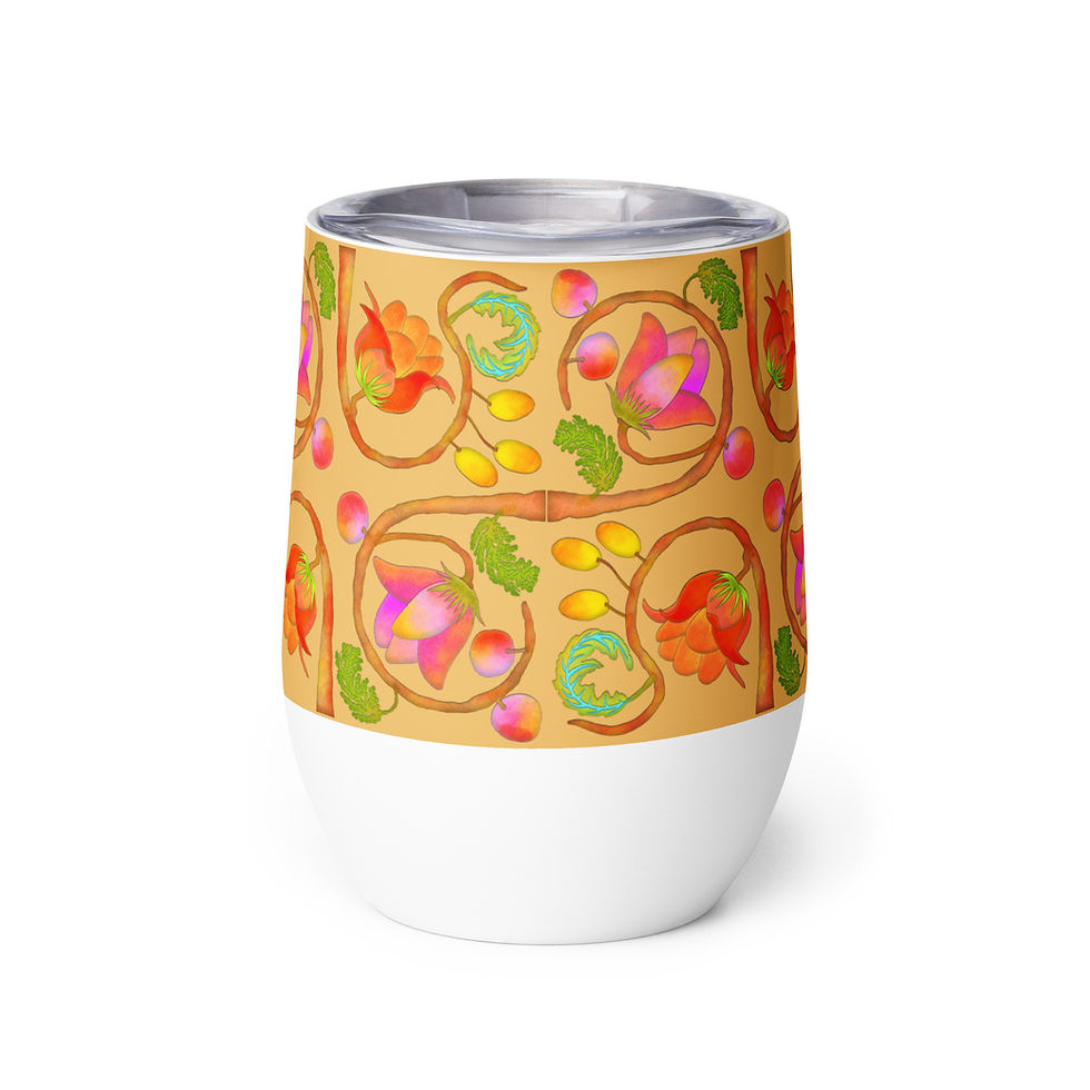 Thumbnail: Wine tumbler - Hand Painted Red Nature Motifs on Harvest Gold