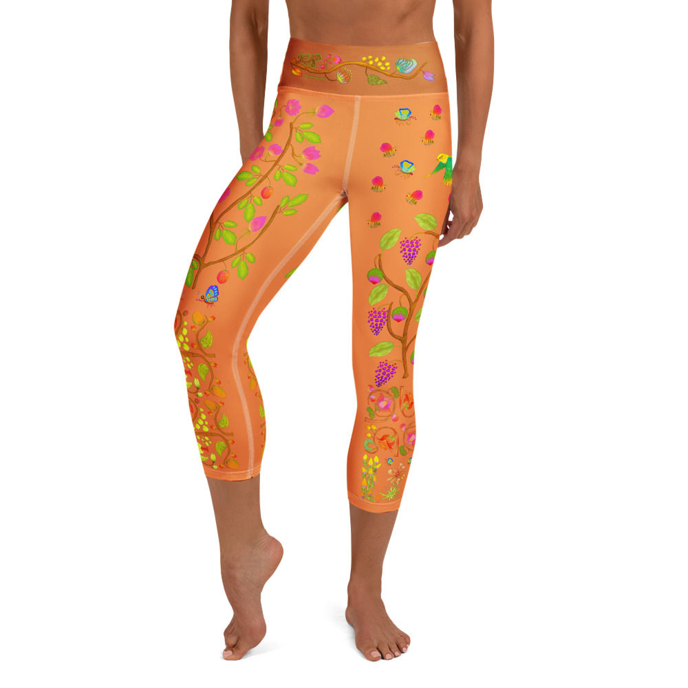 Yoga Capri Leggings - Hand Painted Nature Motifs on Sea Buckthorn