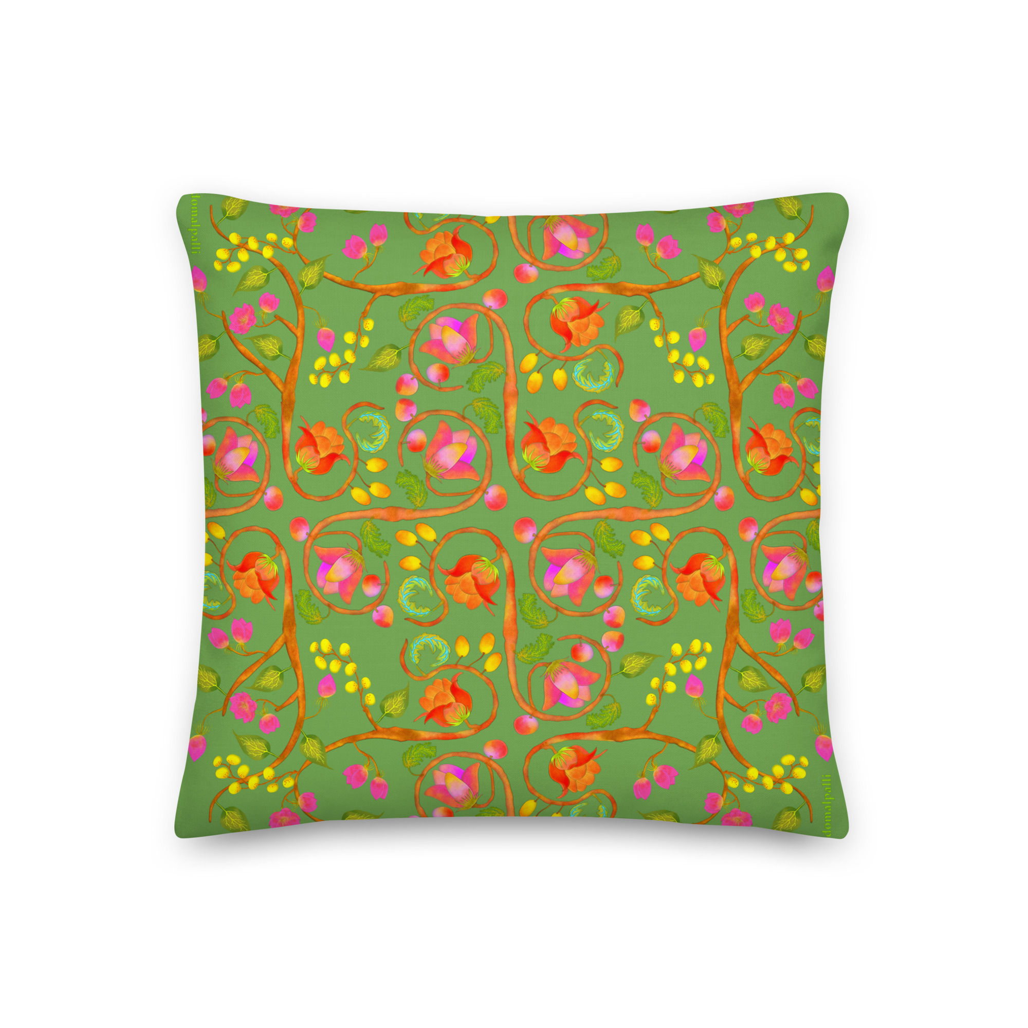 Premium Square Pillow - Hand Painted Nature Motifs on Green