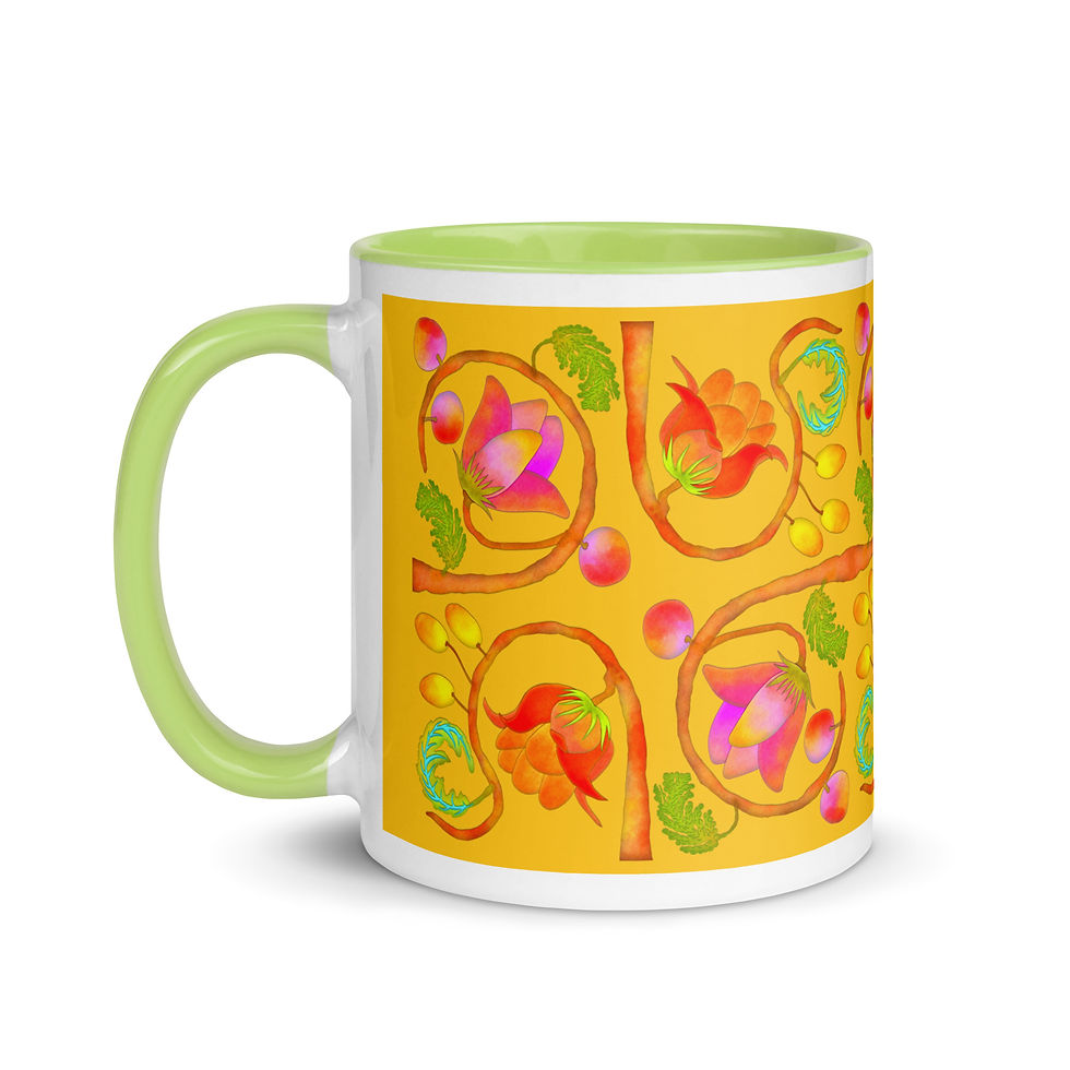 Thumbnail: Mug with Color Inside - Hand Painted Red Nature Motifs on Yellow