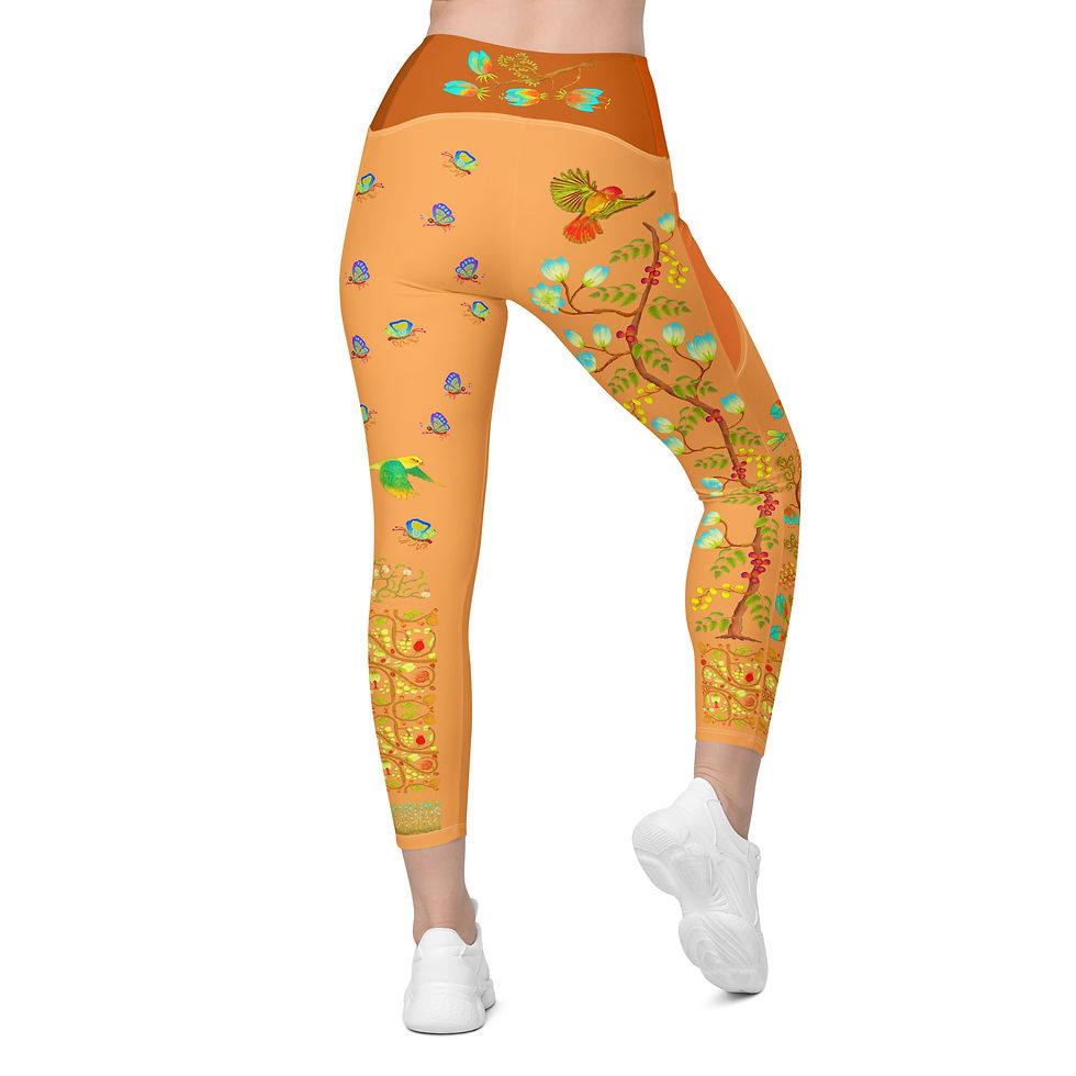 Thumbnail: Leggings with pockets - Hand Painted Nature Motifs on Mango Tango