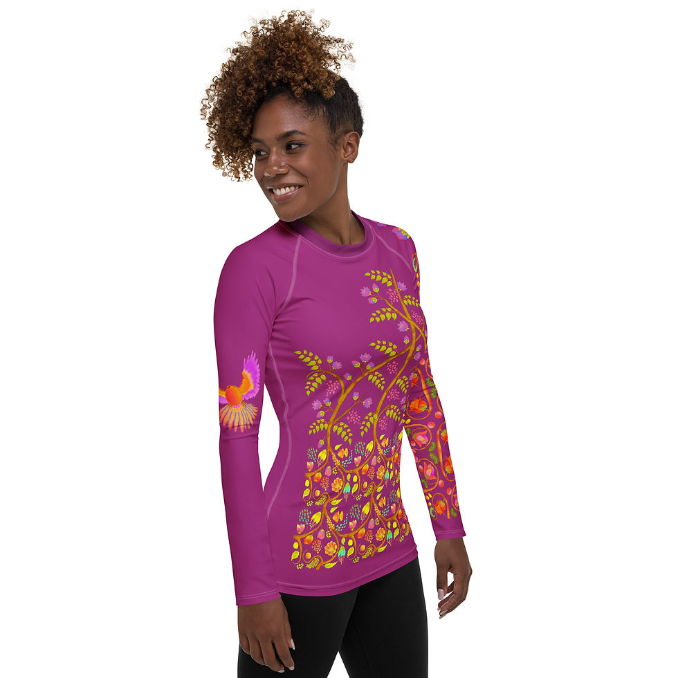 Thumbnail: Women's Rash Guard - Hand Painted and Printed Nature Motifs on Red Violet