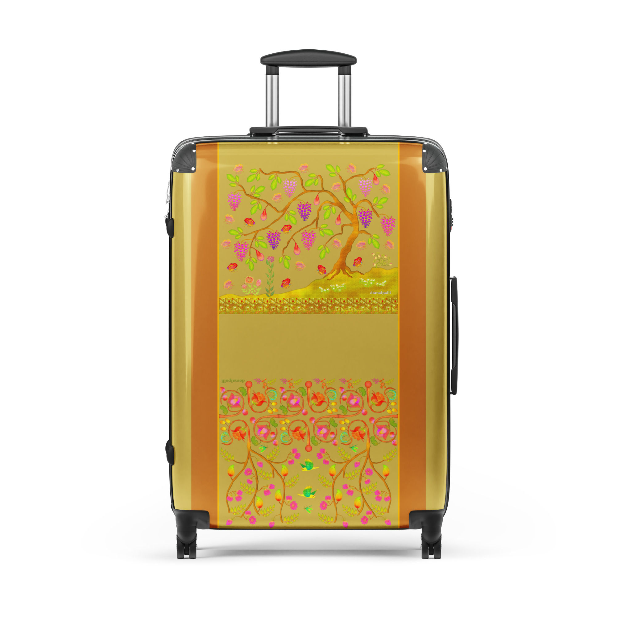 Hard-shell suitcase - Painted Nature Motifs Printed on Old Gold