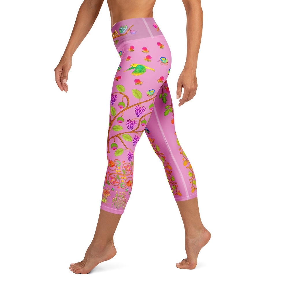 Thumbnail: Yoga Capri Leggings - Hand Painted Nature Motifs on Lavendar Rose