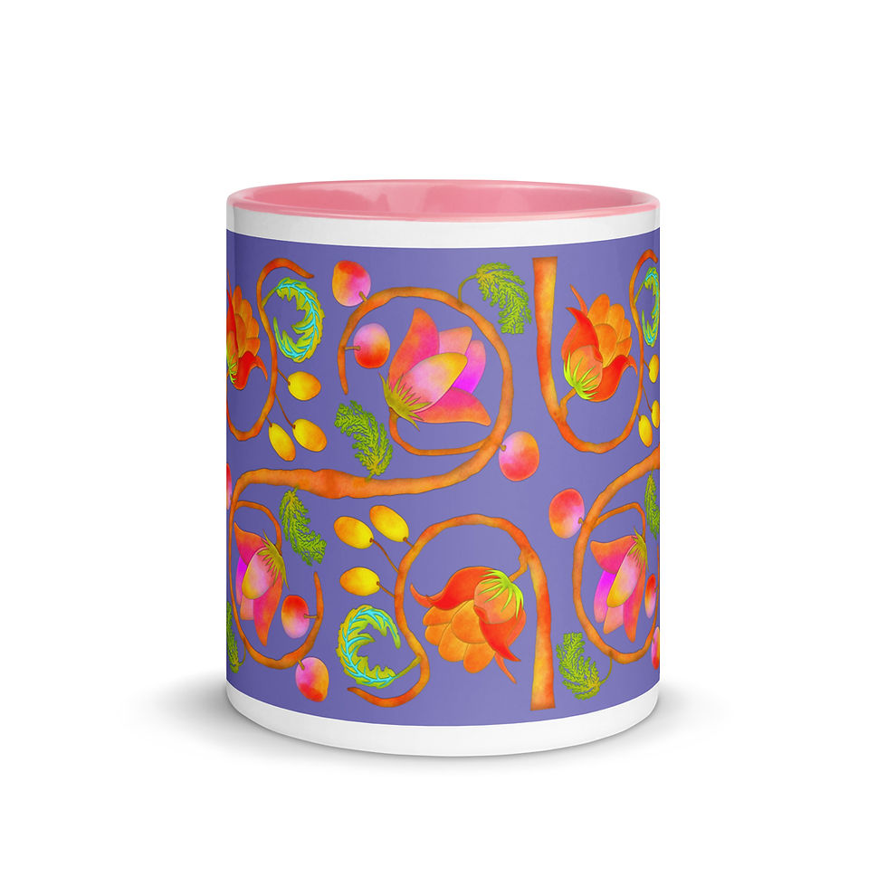 Thumbnail: Mug with Color Inside - Hand Painted Nature Motifs on Moody Blue