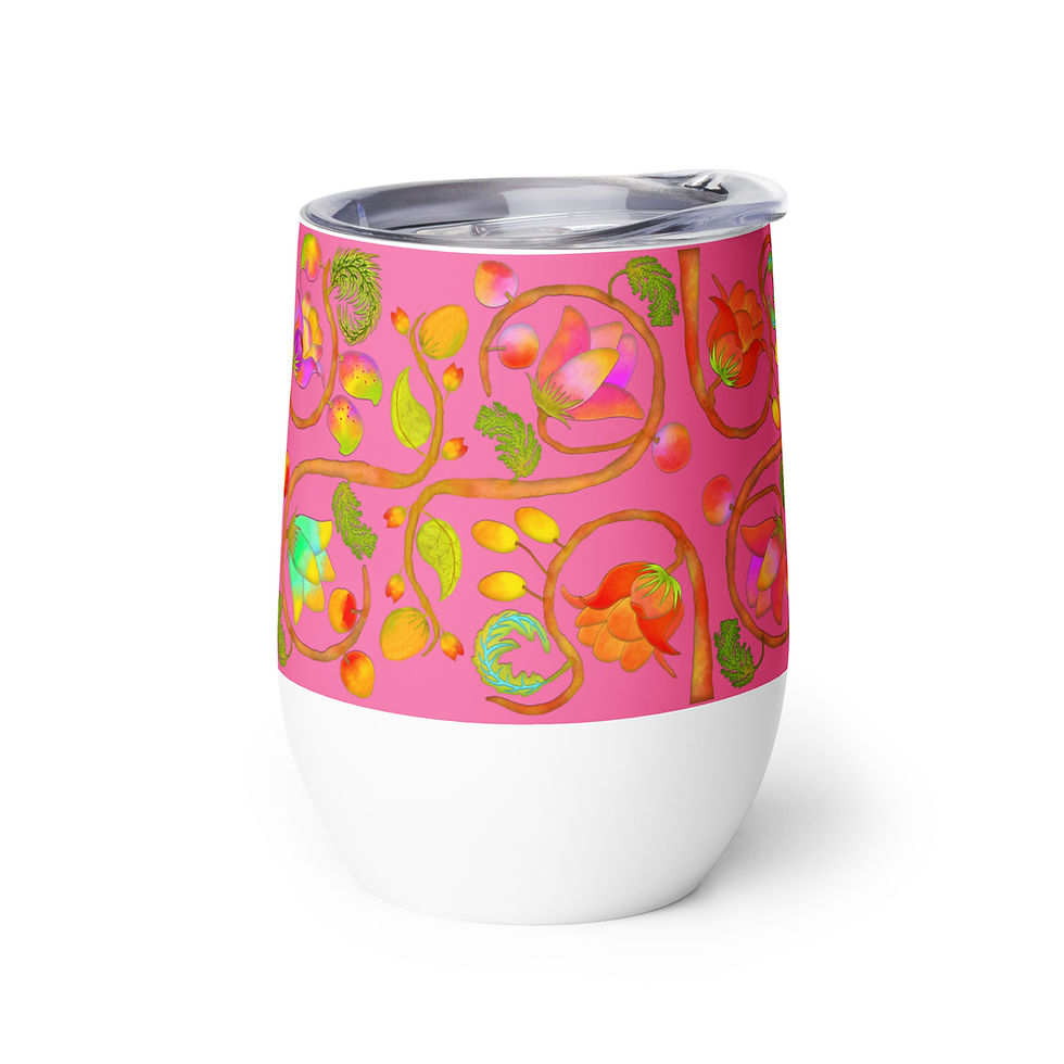 Thumbnail: Wine tumbler - Hand Painted Red Nature Motifs on Brilliant Rose