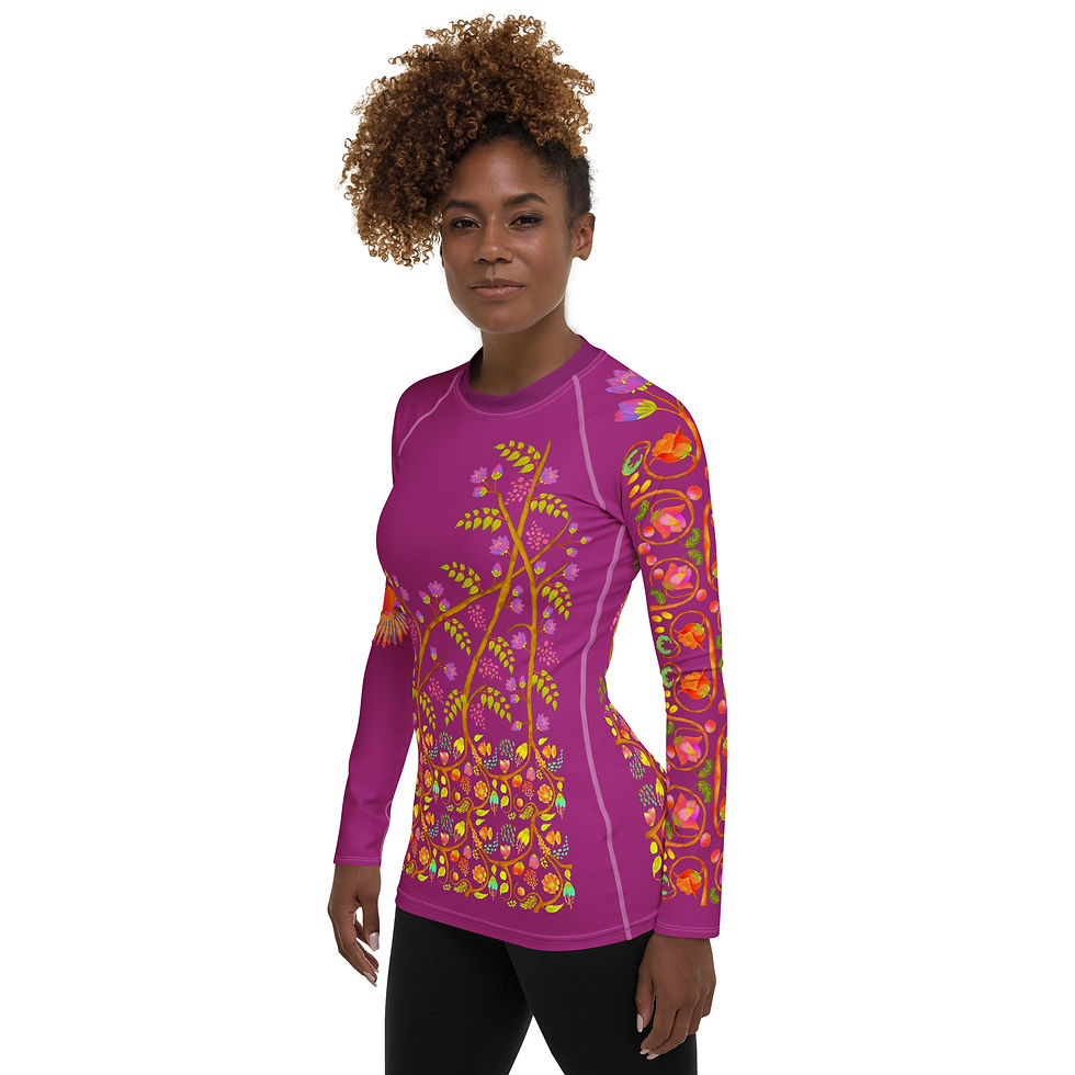 Thumbnail: Women's Rash Guard - Hand Painted and Printed Nature Motifs on Red Violet