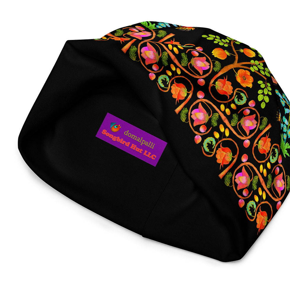 Thumbnail: All-Over Print Beanie - Hand Painted Nature Motifs on Black
