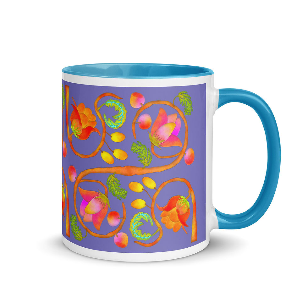 Thumbnail: Mug with Color Inside - Hand Painted Nature Motifs on Moody Blue