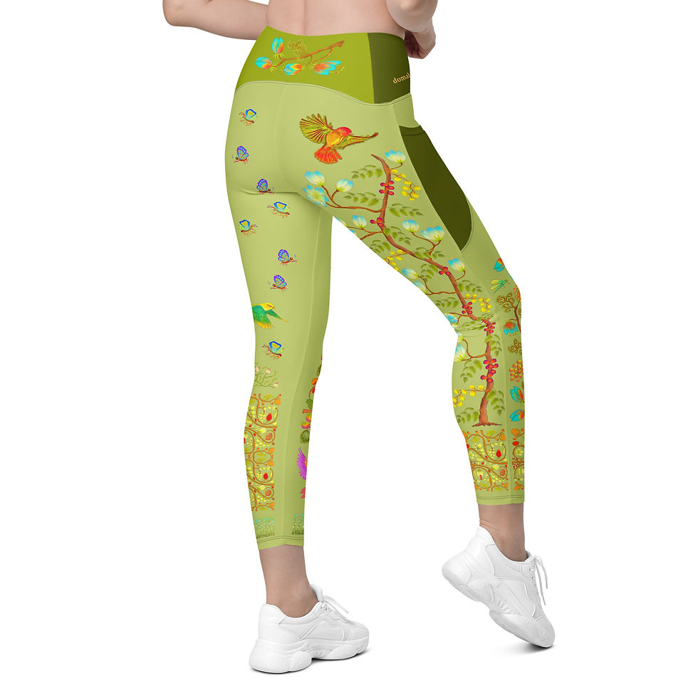 Thumbnail: Leggings with pockets - Hand Painted Nature Motifs on Karaka