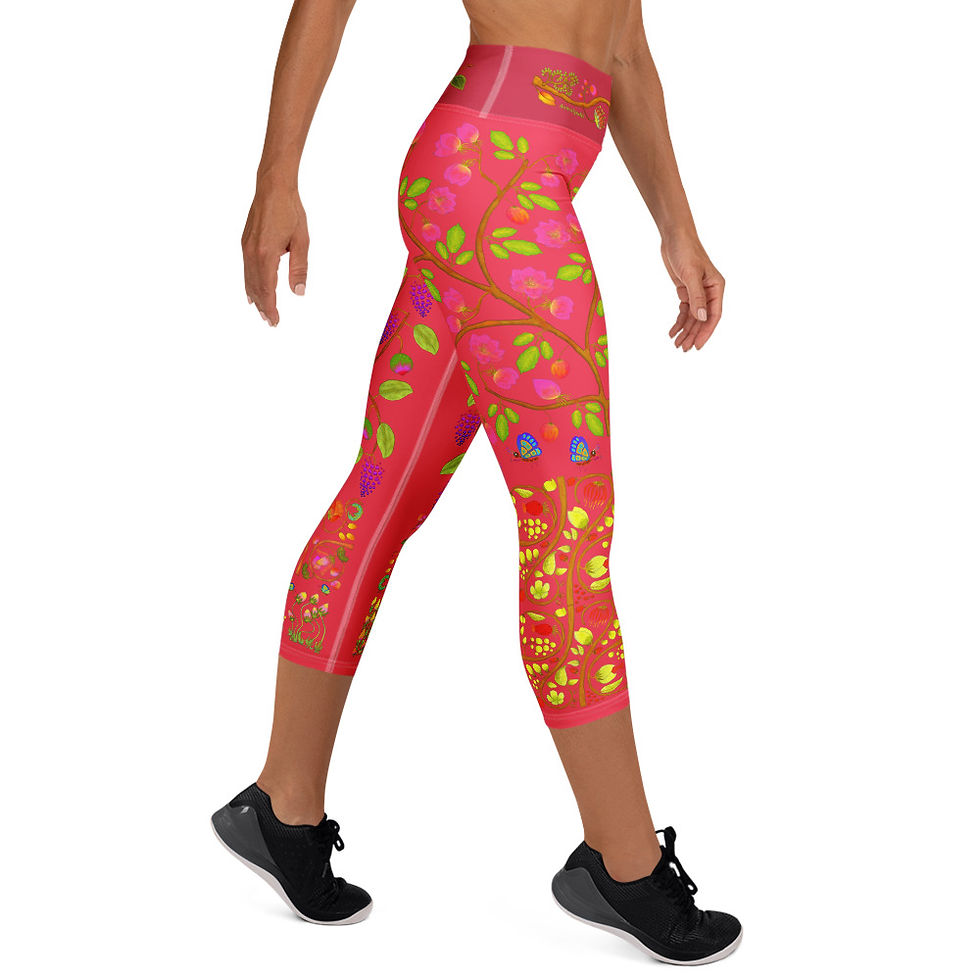 Thumbnail: Yoga Capri Leggings - Hand Painted Nature Motifs on Radical Red