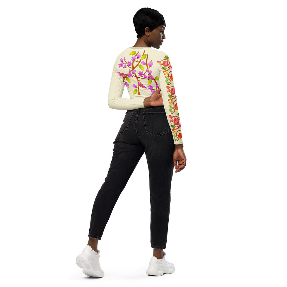 Thumbnail: Long-sleeve crop top - Hand Painted and Printed Nature Motifs on Apricot White