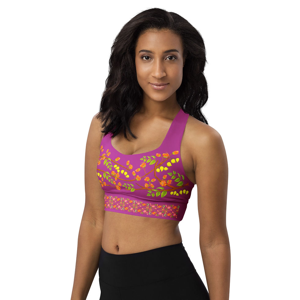 Thumbnail: Longline sports bra - Hand Painted and Printed Nature Motifs on Red Violet