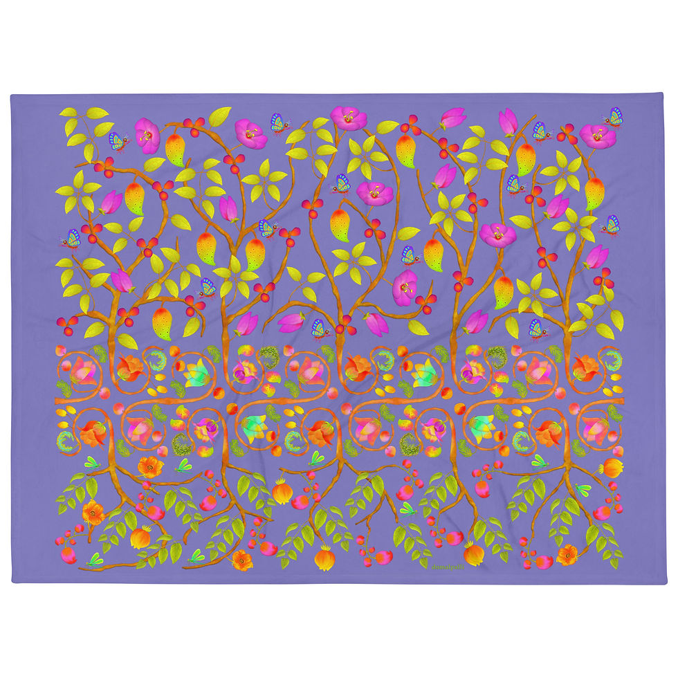 Thumbnail: Throw Blanket - Hand Painted Nature Motifs on Moody Blue