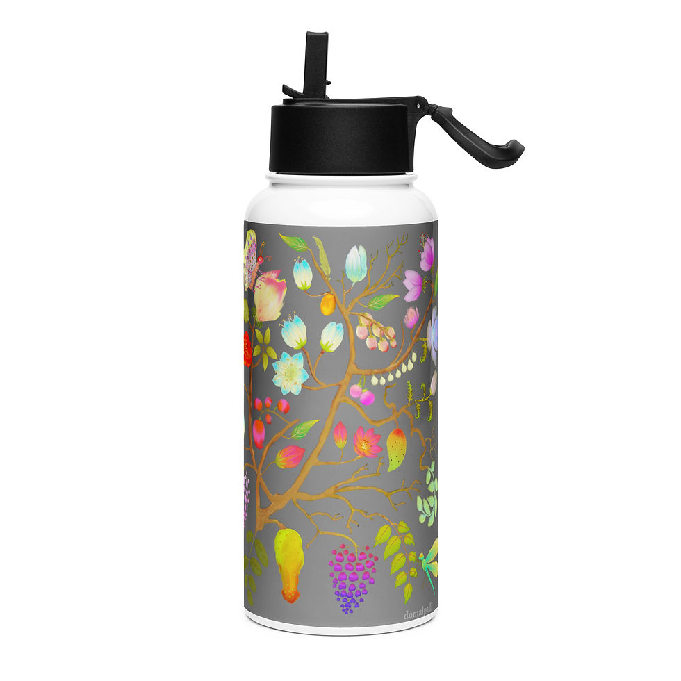 Thumbnail: Stainless steel water bottle with a straw lid - Nature Motifs on Grey