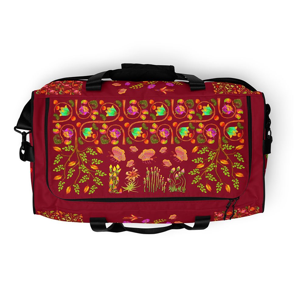 Thumbnail: Duffle bag - Hand Painted Nature Motifs on Crimson