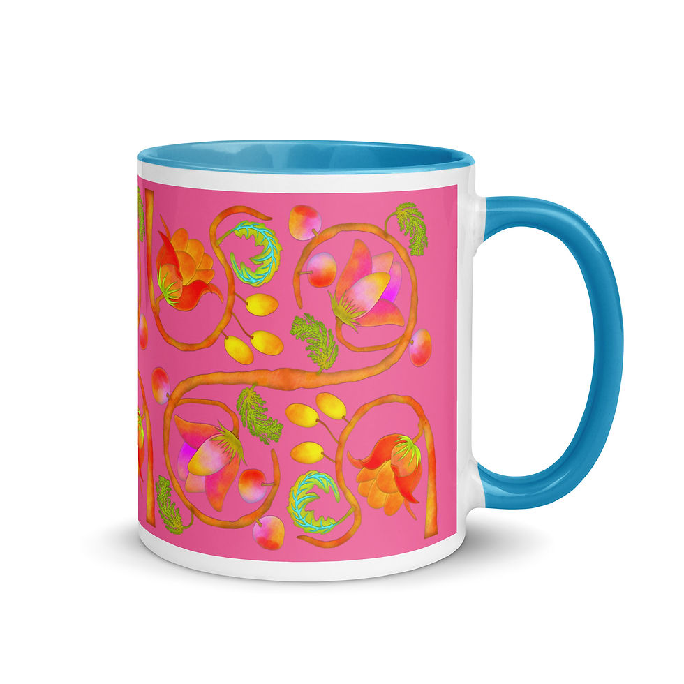 Thumbnail: Mug with Color Inside - Hand Painted Red Nature Motifs on Brilliant Rose