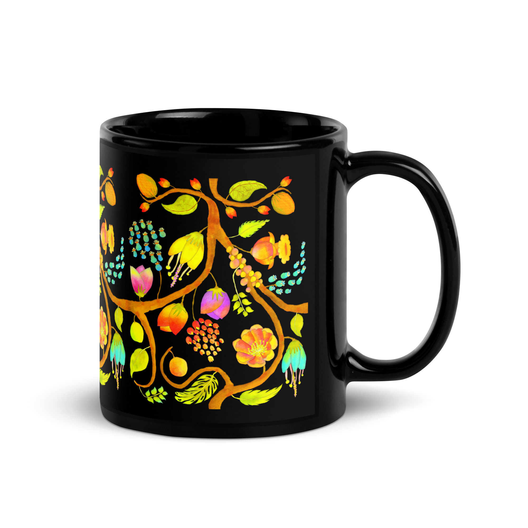 Black Glossy Mug - Hand Painted Multicolored Nature Motifs on Black