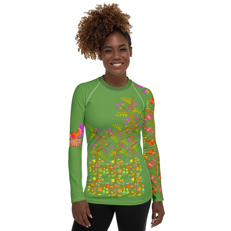 Thumbnail: Women's Rash Guard - Hand Painted and Printed Nature Motifs on Green