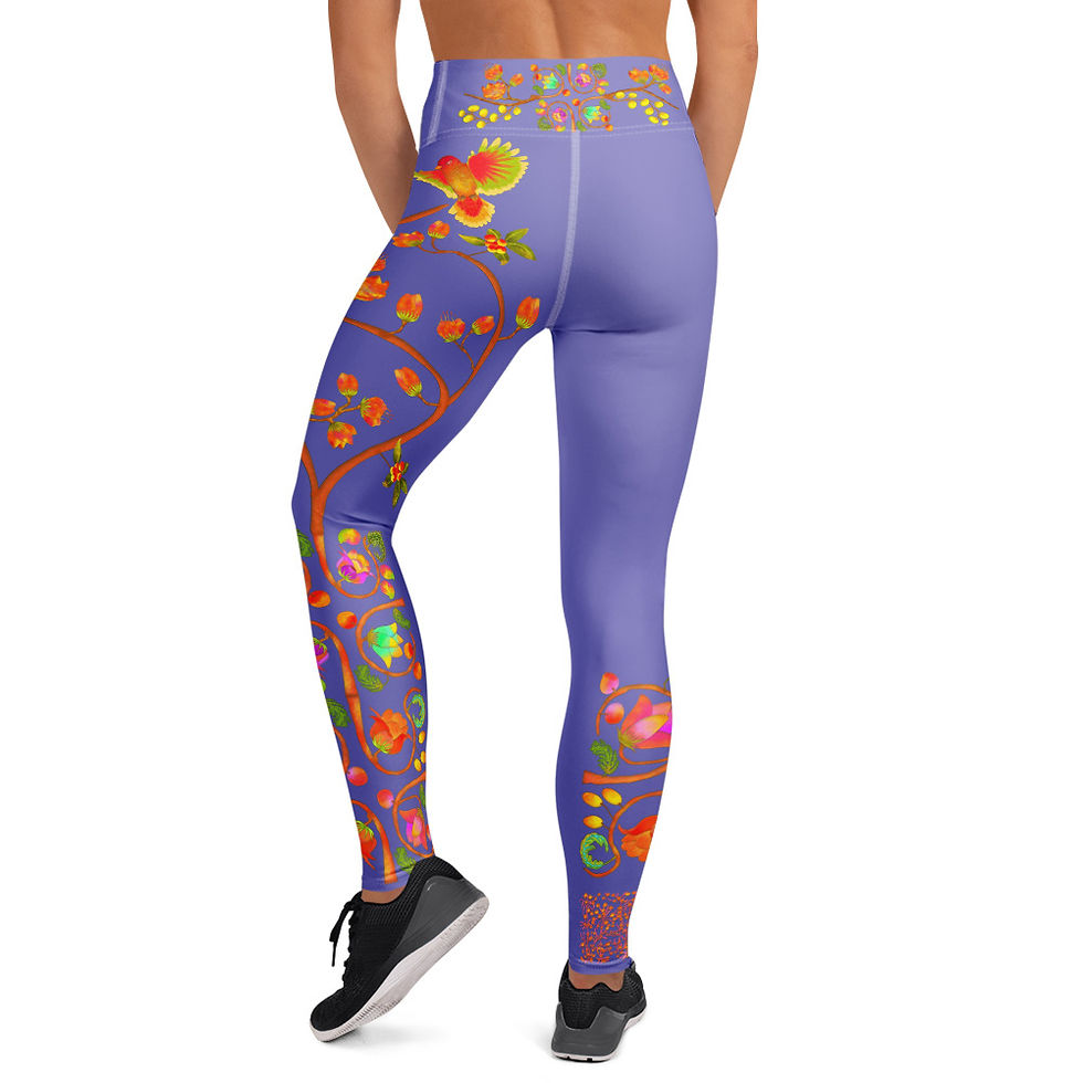Thumbnail: Yoga Leggings - Hand Painted Nature Motifs on Moody Blue