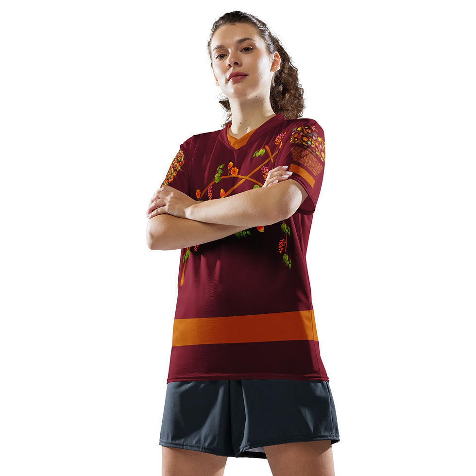 Thumbnail: Recycled unisex sports jersey - Hand painted & printed Nature Motifs on Burgundy