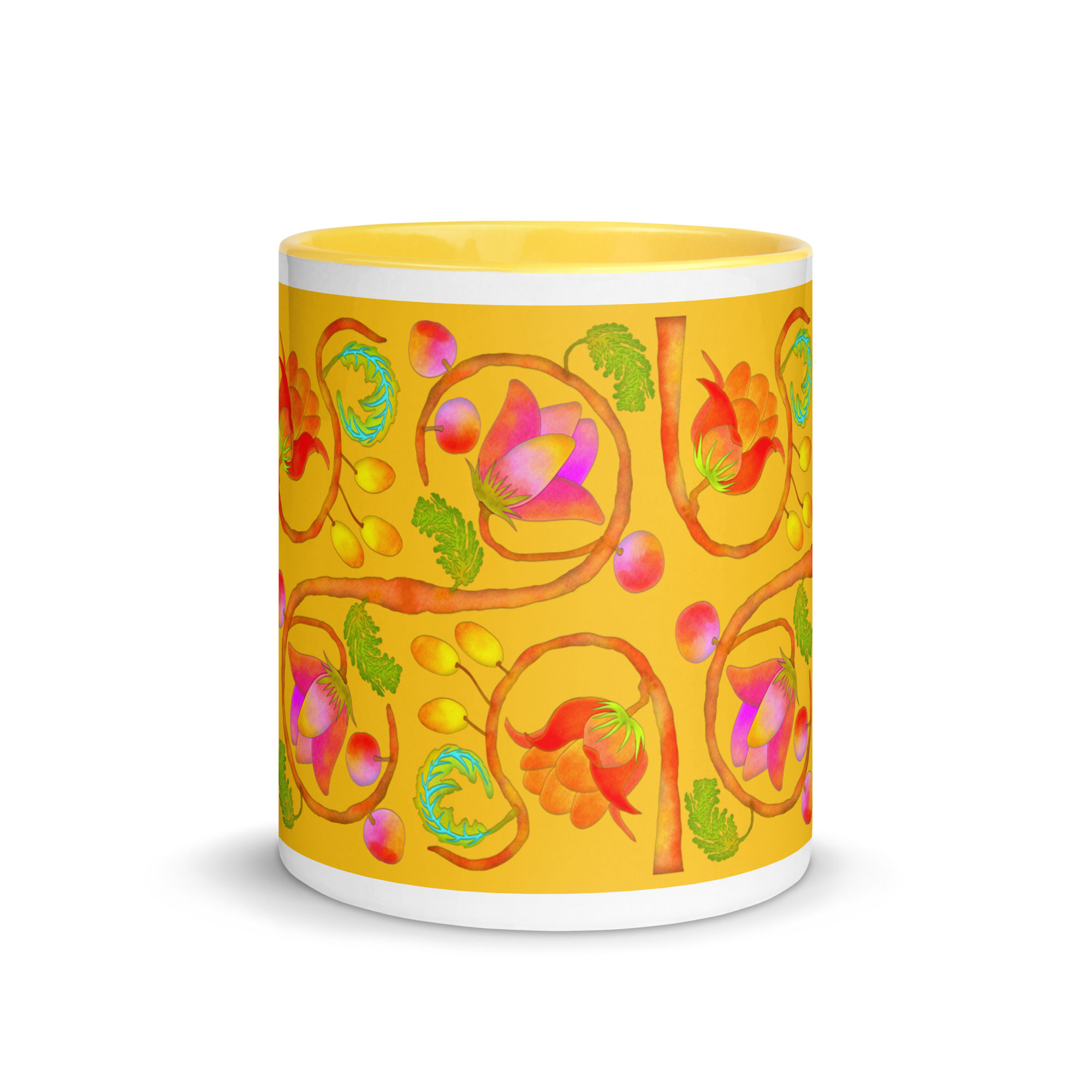 Mug with Color Inside - Hand Painted Red Nature Motifs on Yellow