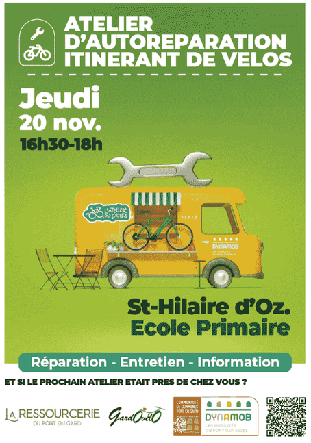 Atelier itinérant auto-réparation vélo : ST HILAIRE D'OZILHAN - 20 nov 2025