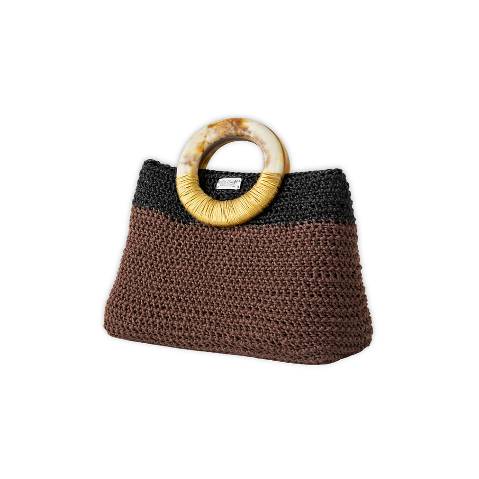 Bolsa de crochê feminina Fusion MD Création marrom e preta com alça redonda marmorizada. Vista 3/4.