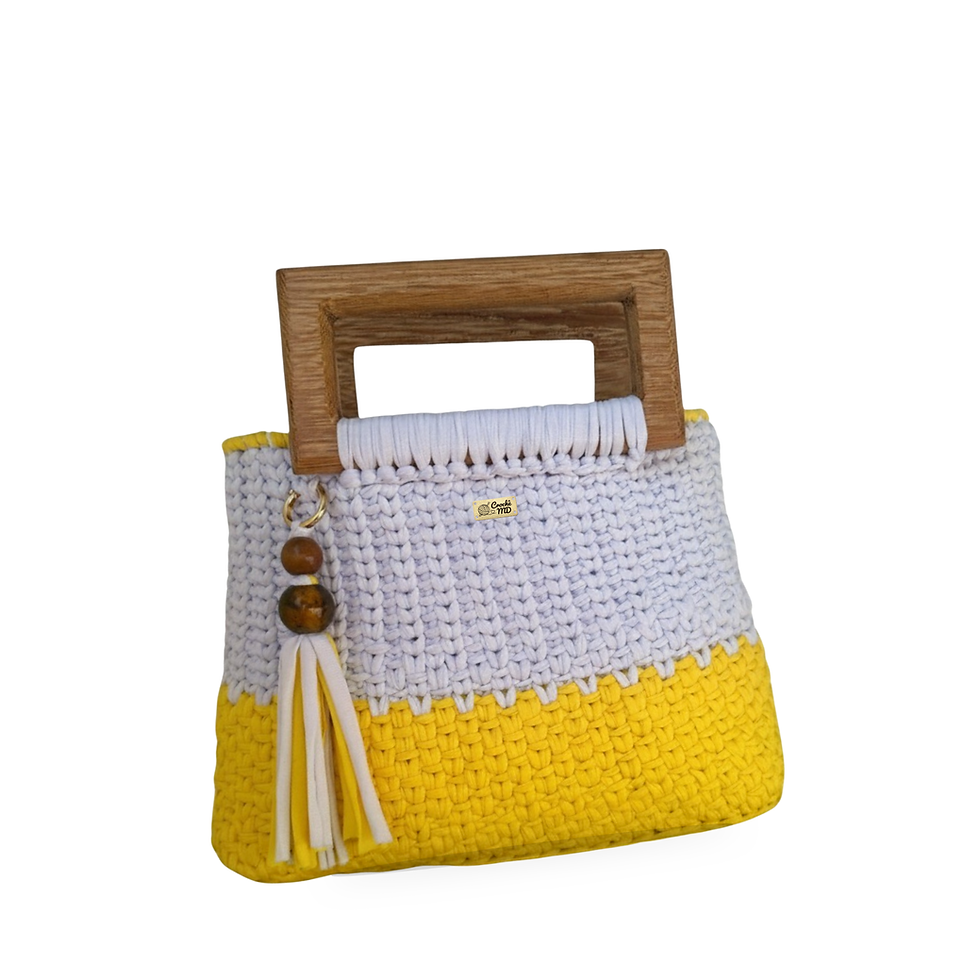 Bolsa feminina Zénith MD Création nas cores branco e amarelo com alça rígida em madeira. Vista 3/4.