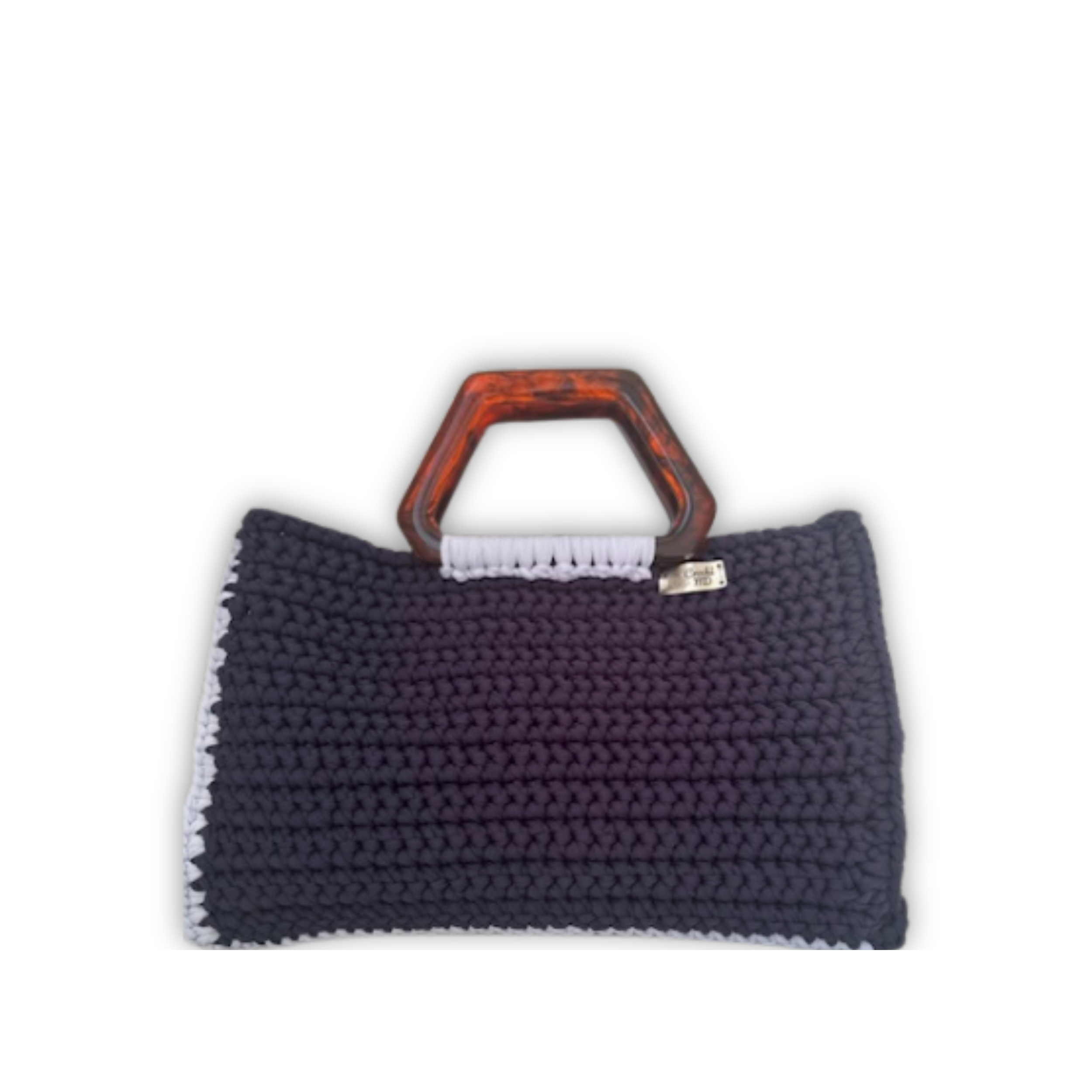 Bolsa feminina de crochê azul-noite e branco-gelo Nébuleuse MD Création com alças de madeira.