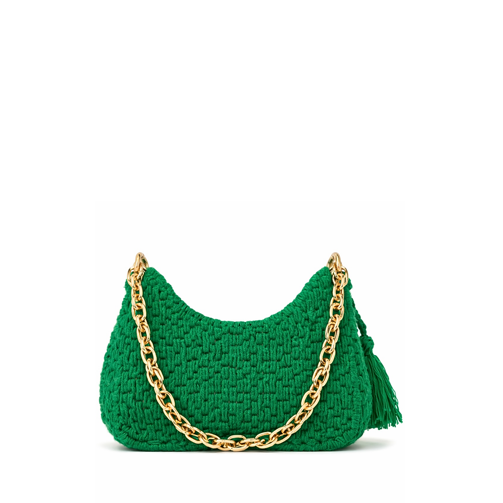 Bolsa de tapeçaria Éclosion verde esmeralda com alça de corrente dourada.