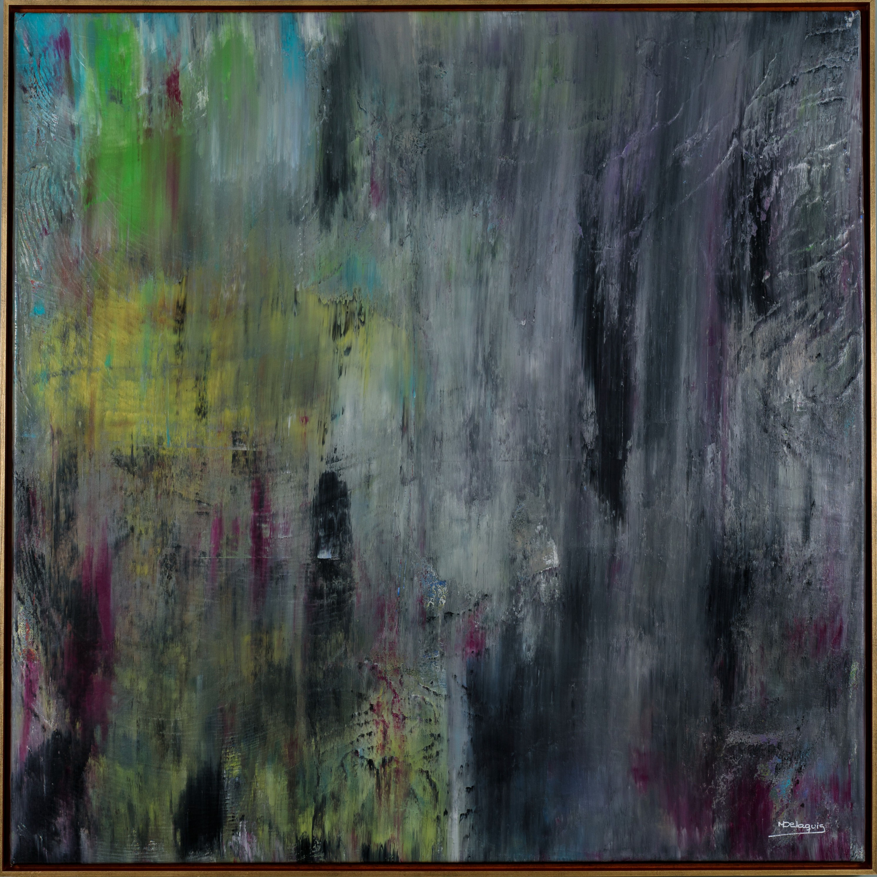 Ombres, peinture abstraite contemporaine de Marlene Delaquis aux nuances de gris profonds, de noir, de vert, jaune et magenta