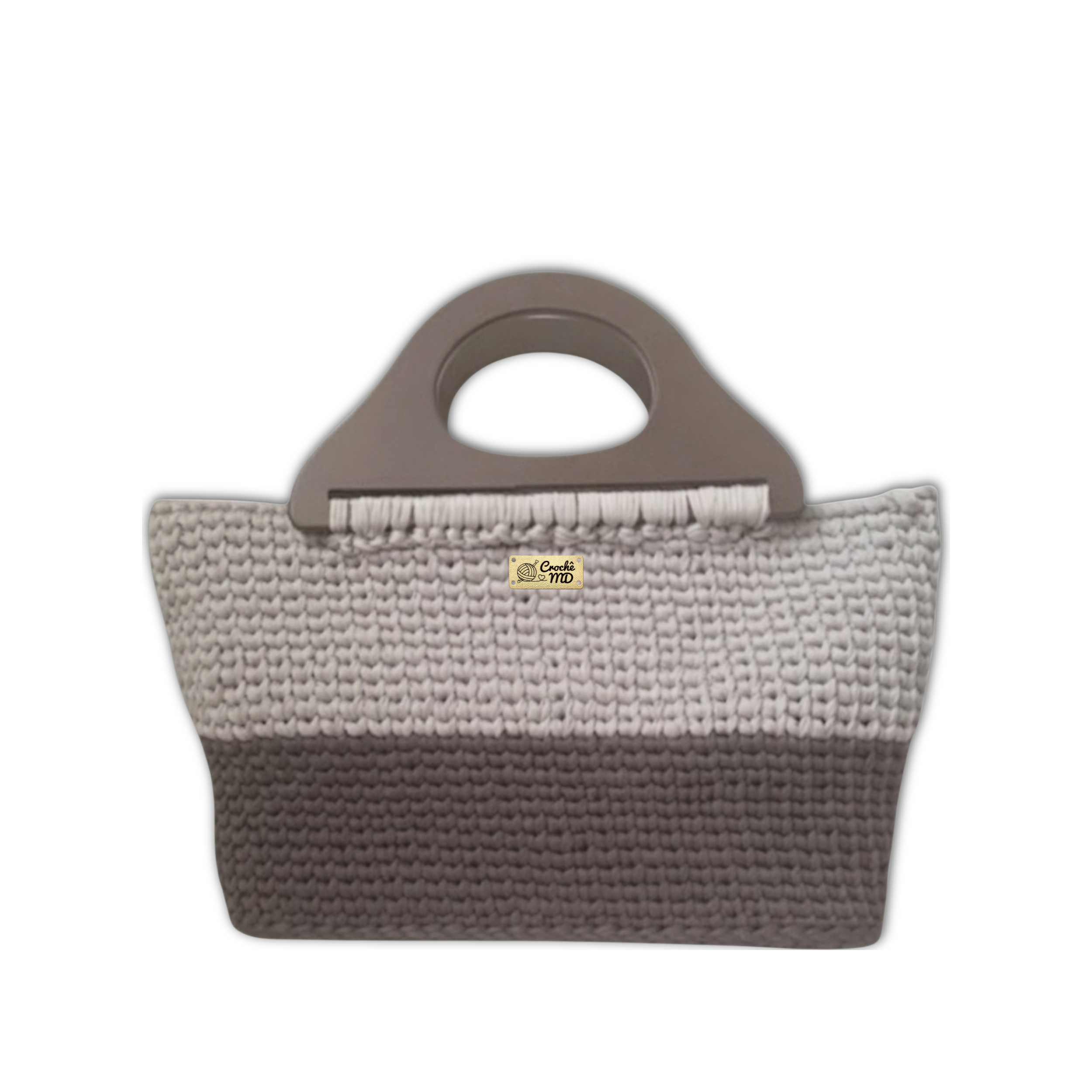 Bolsa feminina Nuances MD Création em crochê cinza e preto, vista frontal, textura artesanal destacada e formato estruturado.