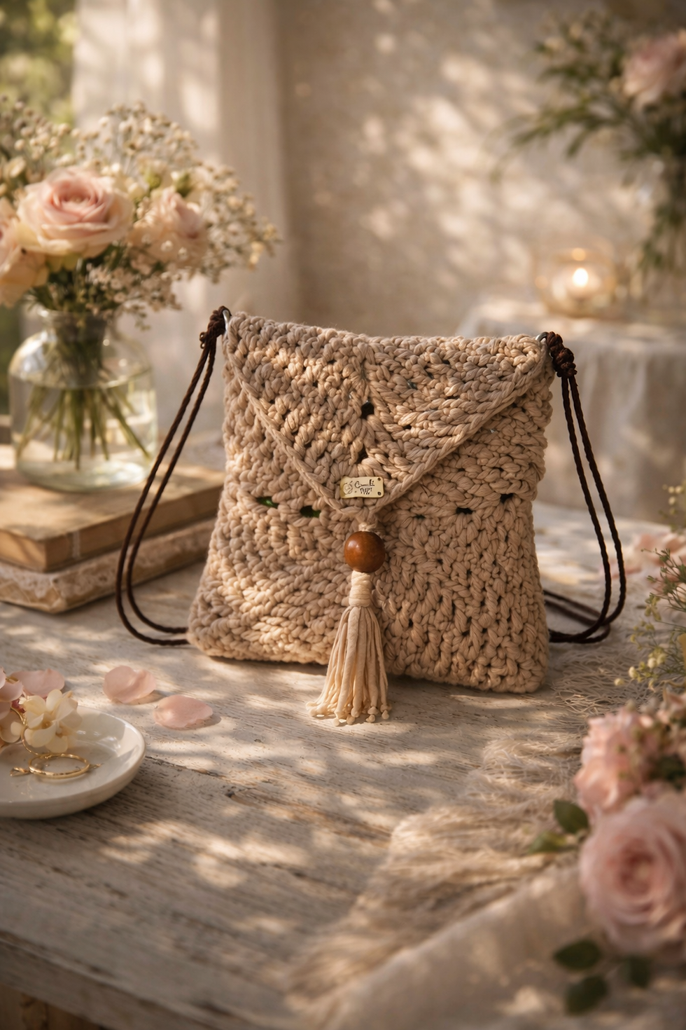 Miniatura: Mini bolsa de crochê Poésie MD Création em composição decorativa com luz quente e atmosfera sofisticada