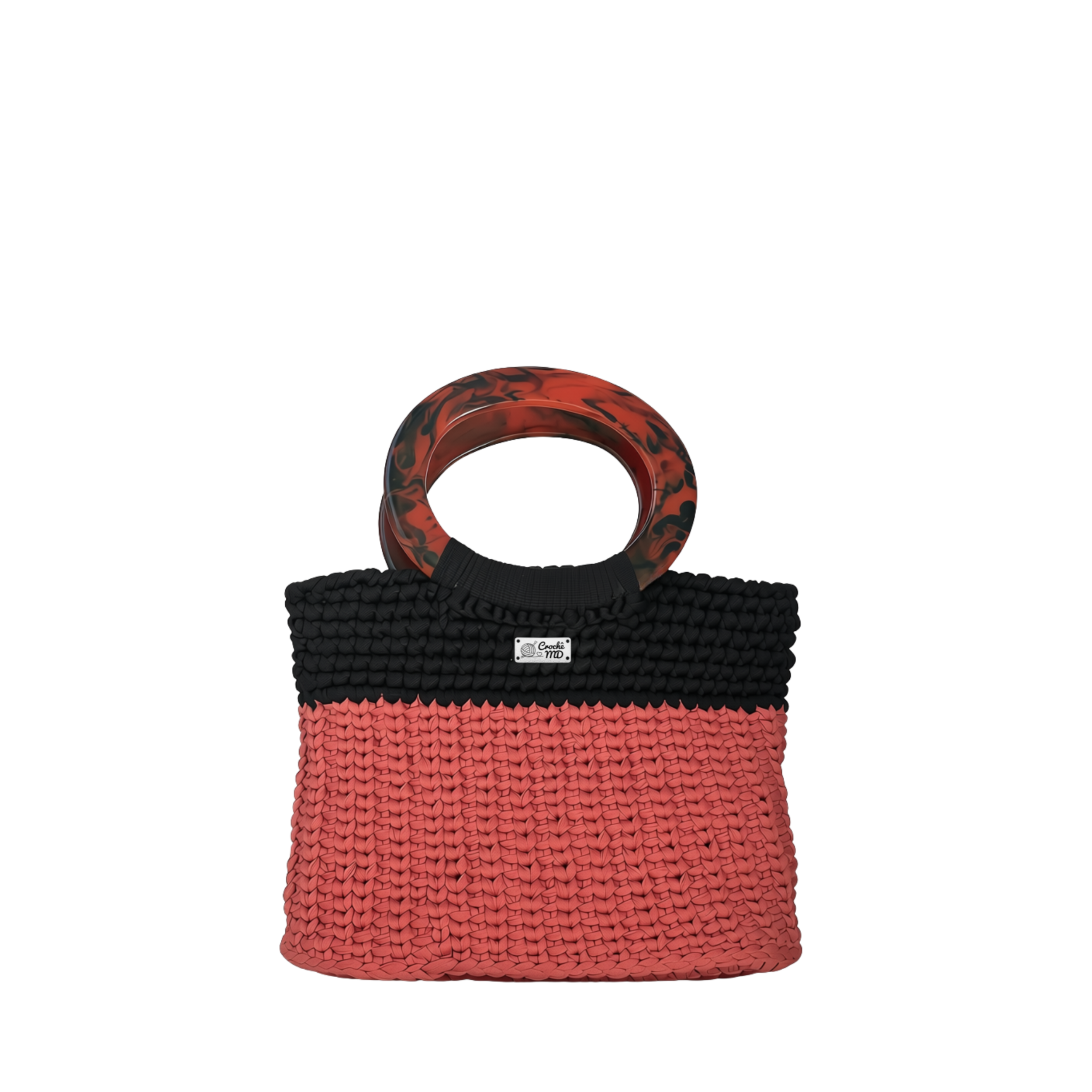 Mini bolsa de crochê preta e rosa-coral com alça, Confiance MD Création, design moderno.