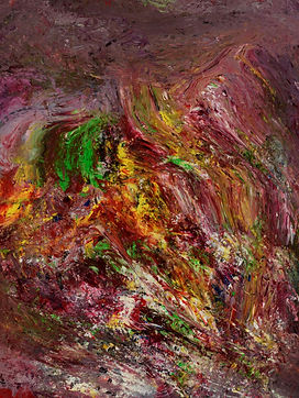 Cadence des couleurs #15, peinture abstraite contemporaine de Marlene Delaquis aux éclats de rouge, de jaune et de vert, qui s´entrelacent dans une explosion de mouvement, évoquant la passion, l´énergie vitale et la puissance du geste artistique