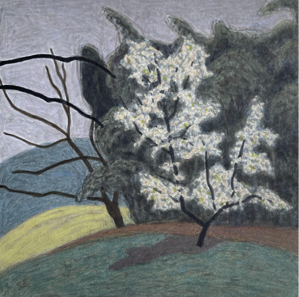 Flowering Tree with Bamboo Patch, Watercolor, 2023