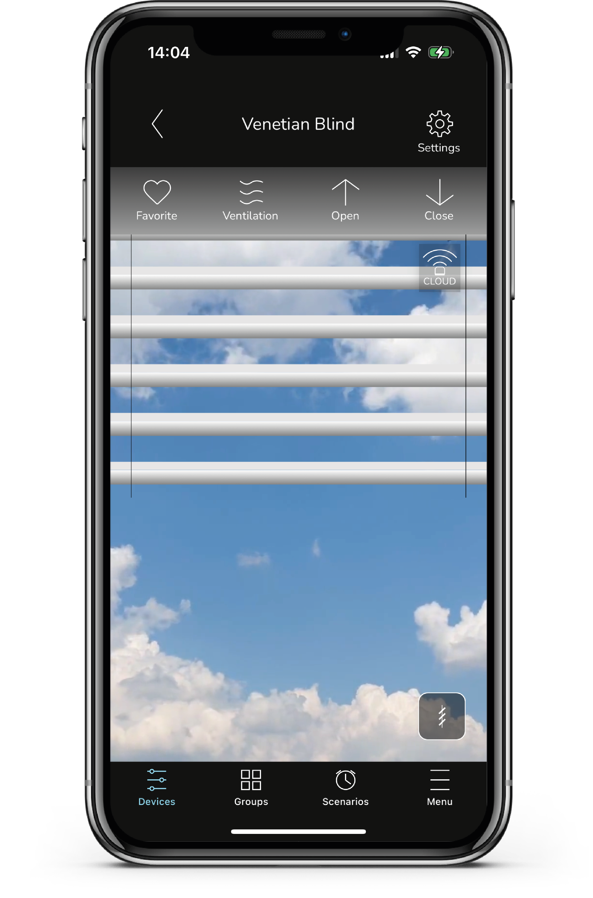 ADC app interface showing position control for window blinds with swipe functionality
