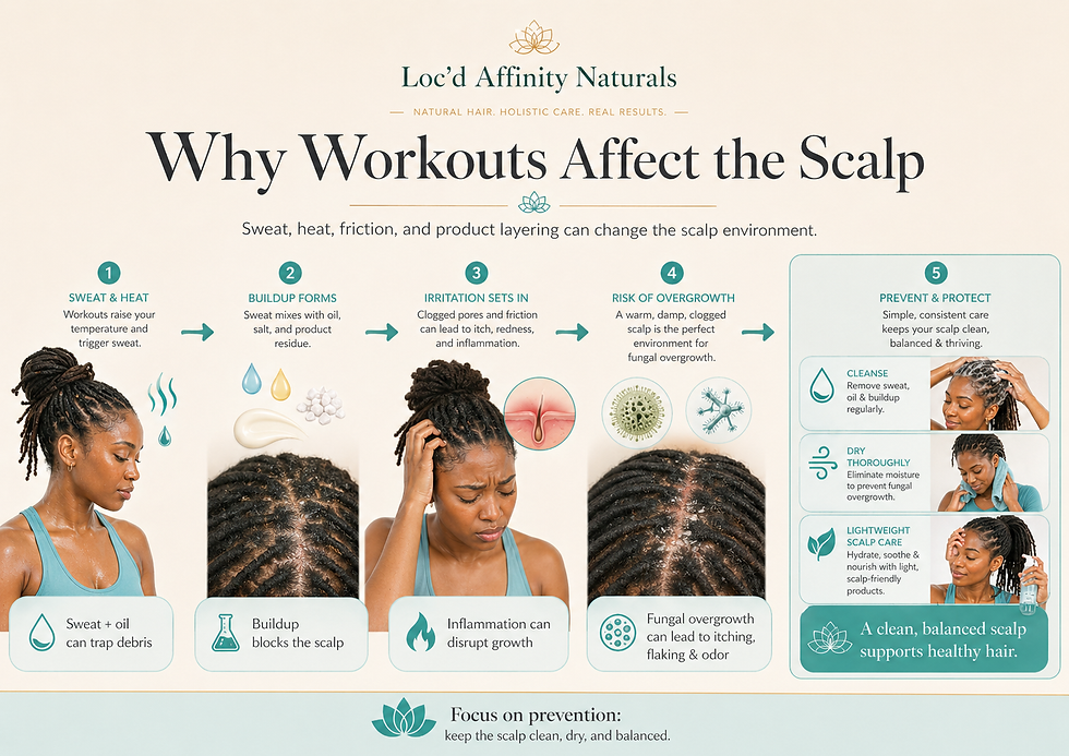 Infographic titled "Why Workouts Affect the Scalp." Shows 5 stages: sweat, buildup, irritation, overgrowth, and prevention tips for healthy scalp care.