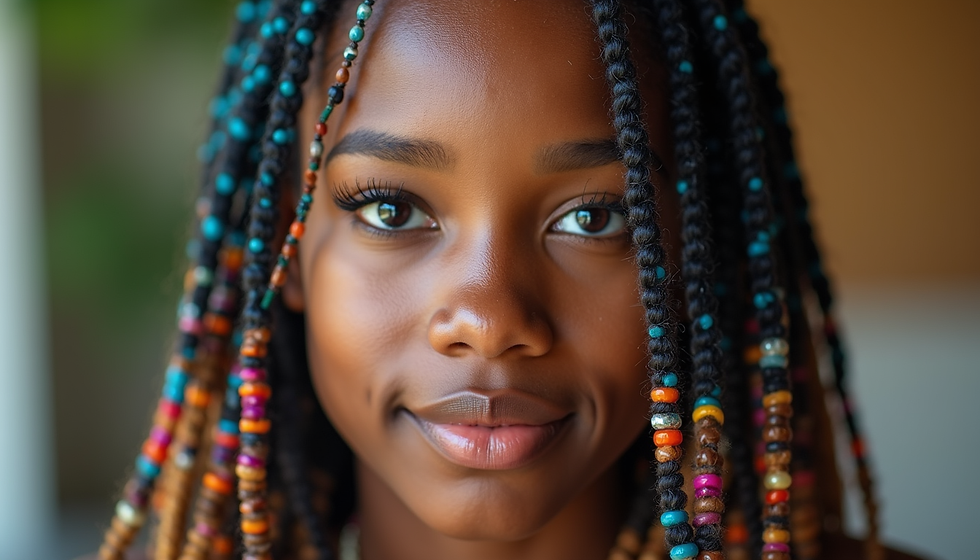Young person with colorful beaded braids and a gentle smile. The background is softly blurred, highlighting the vibrant hairstyle.