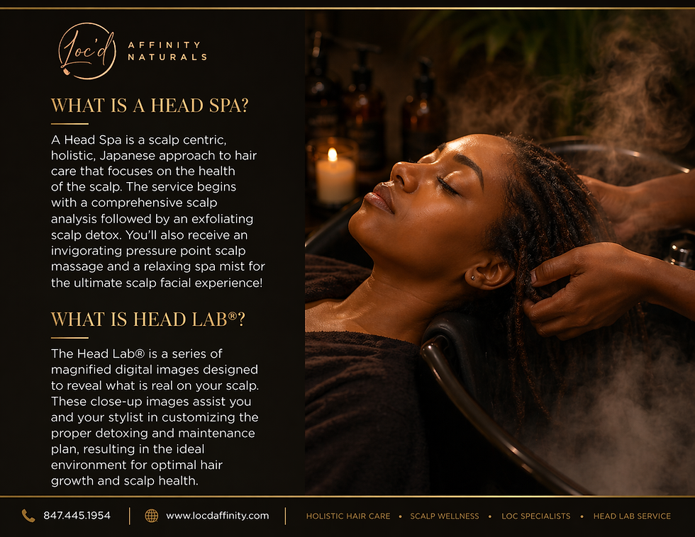 A woman enjoys a relaxing head spa with steam, in a dimly lit, cozy setting. Text describes head spa benefits and contact details.