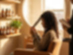 Person sitting in salon examining hair, with shelves of hair products and plants. Another person takes notes of loc assessment. Warm light from window sets a calm mood.